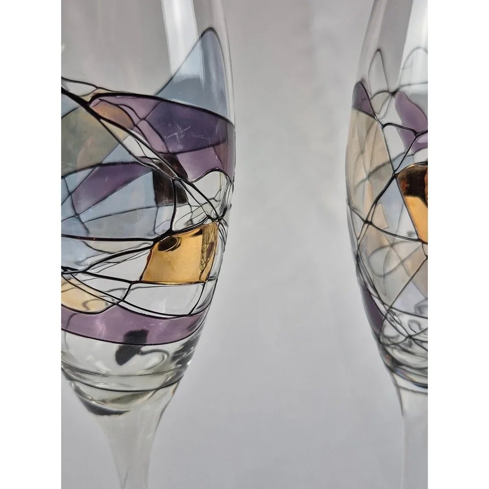 Set 2 Hand Painted Art Glass Champagne Flutes Abstract Gold Purple Toast Glasses